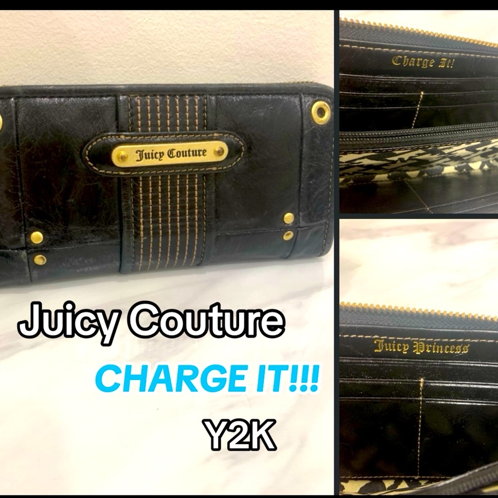 JUICY COUTURE Y2K Black Continental Zip Wallet (fits cellphone)RARE Find